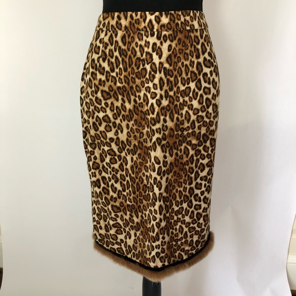 Etcetera Rabbit Fur Trimmed Cheetah Print Skirt